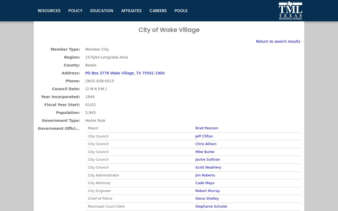 Wake Village warrant records: municipal court directory entry